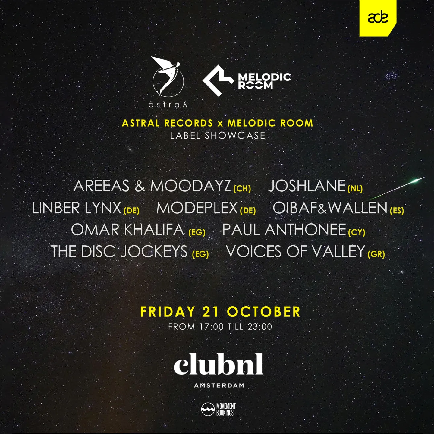 ADE 2022 — Astral Records × Melodic Room lineup poster, Club NL